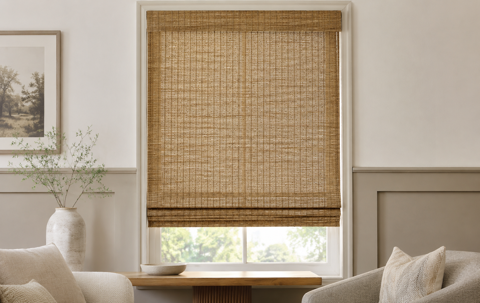Natural woven Roman shades bamboo grass jute